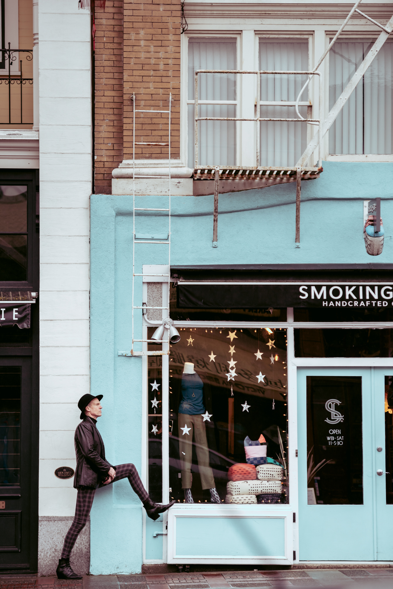 "Casually Chic: Paul Steele effortlessly blends comfort and style with his Fluevog shoes in Victoria, BC."