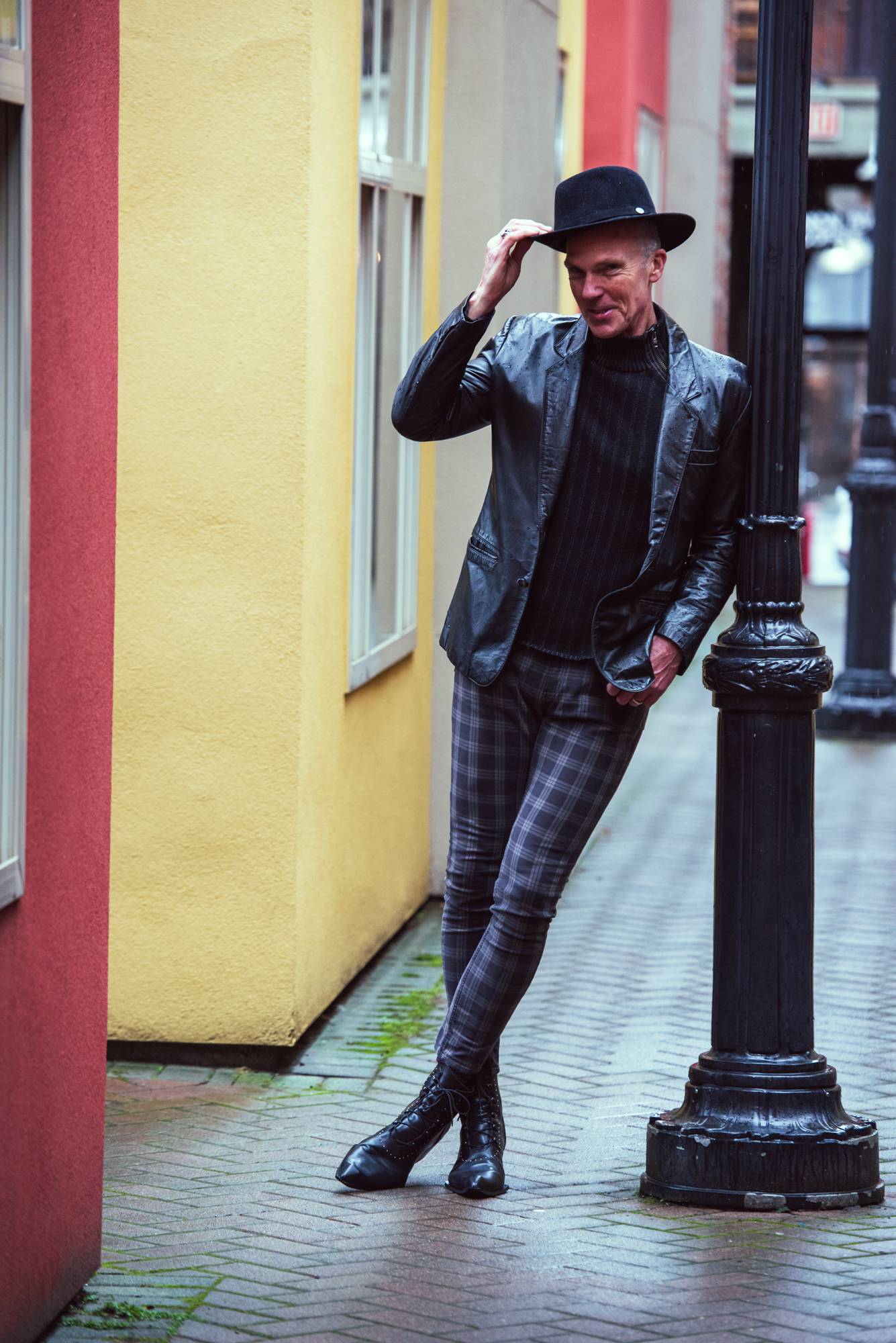 "Urban Chic: Paul Steele embracing the fashion-forward vibes of Victoria, BC in his Fluevog shoes."